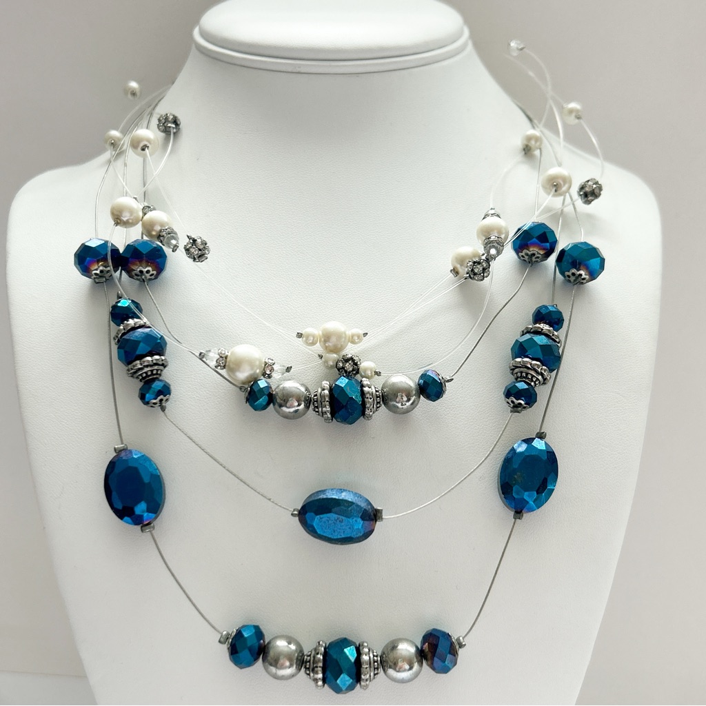 Pearl Rhinestone Blue Metallic Silver Floating Wire Triple Strand Necklaces